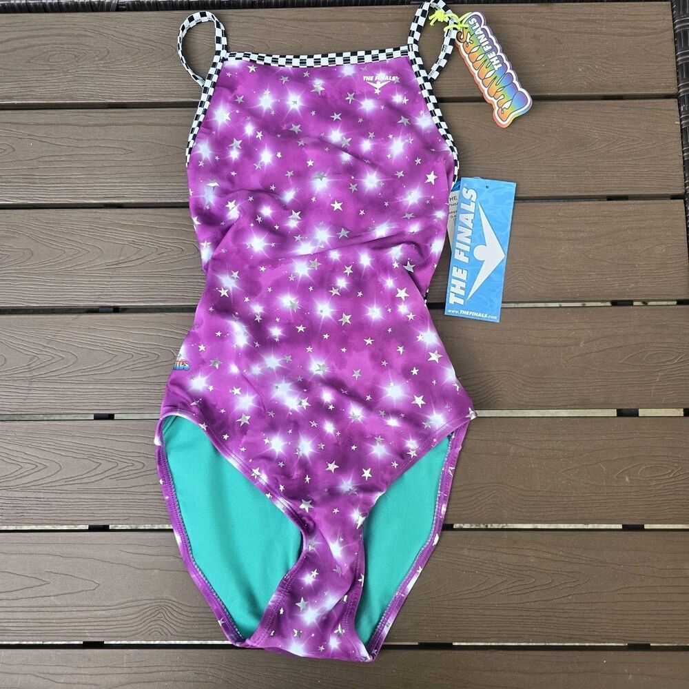 The Finals Womens Aries Foil Flutterback Swimsuit Purple/silver Sz 30 New